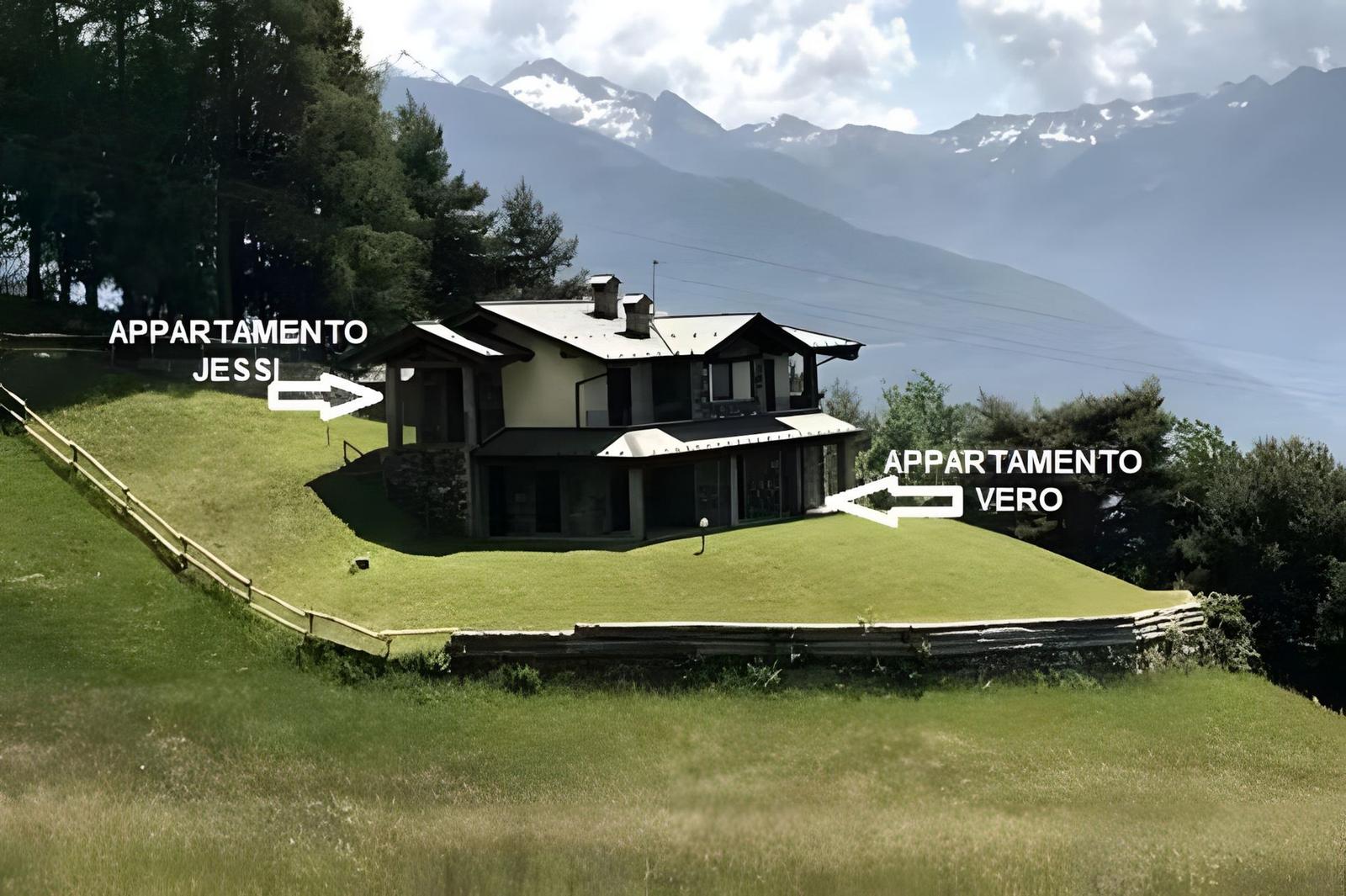 Modernes Haus mit Blick auf Berge und See. Zwei Apartments sind beschriftet.