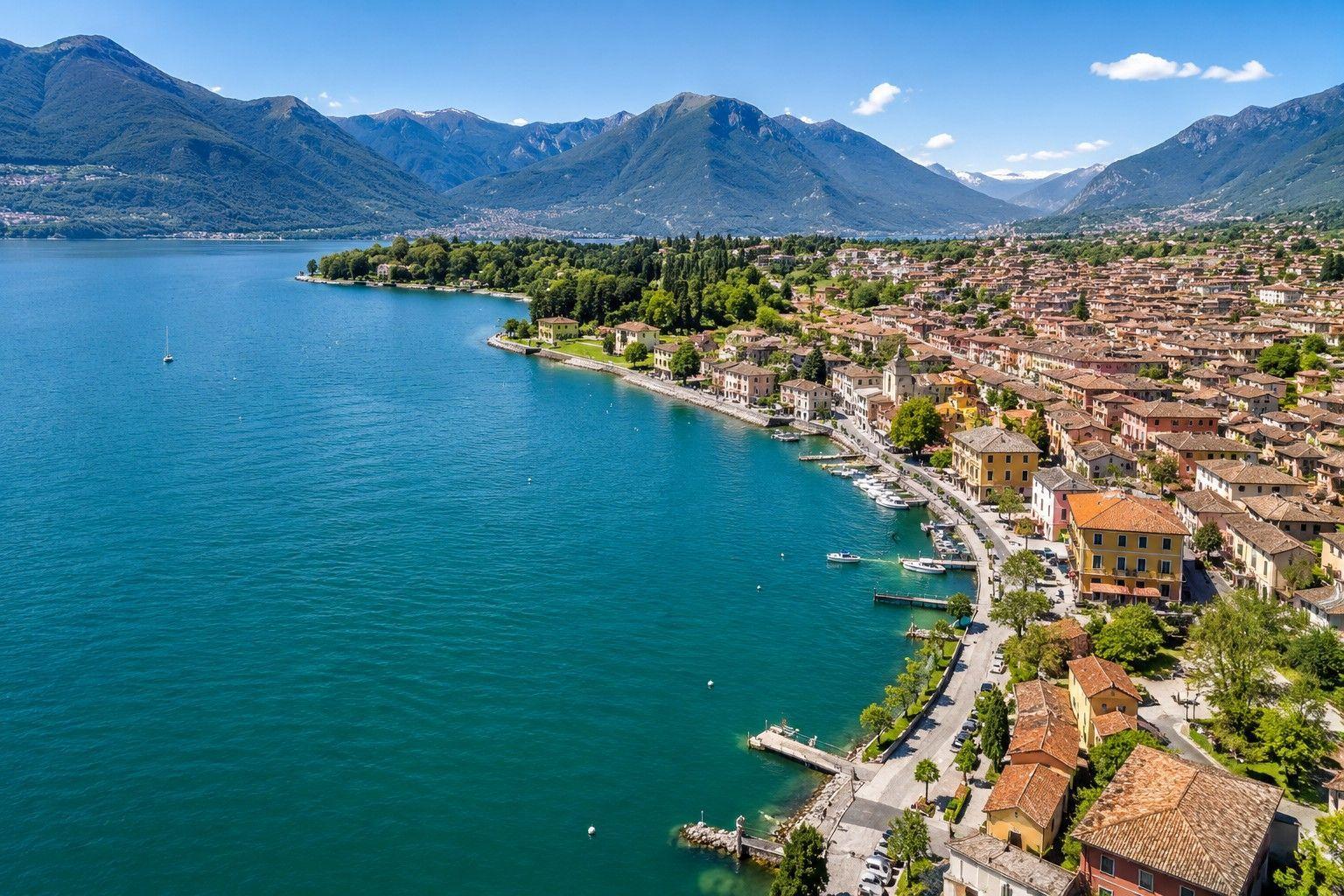 Lago di Garda mit malerischer Küstenstadt und Bergen im Hintergrund.
