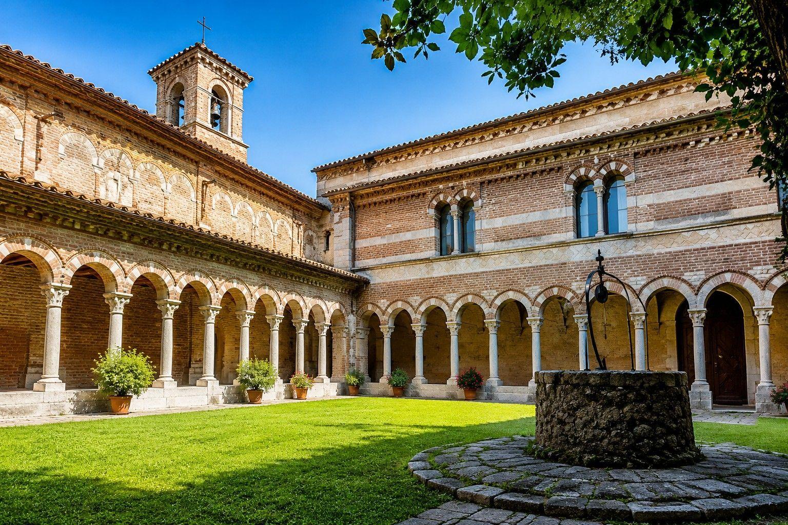 Klosterhof mit Arkaden, Brunnen und grünem Rasen unter blauem Himmel.