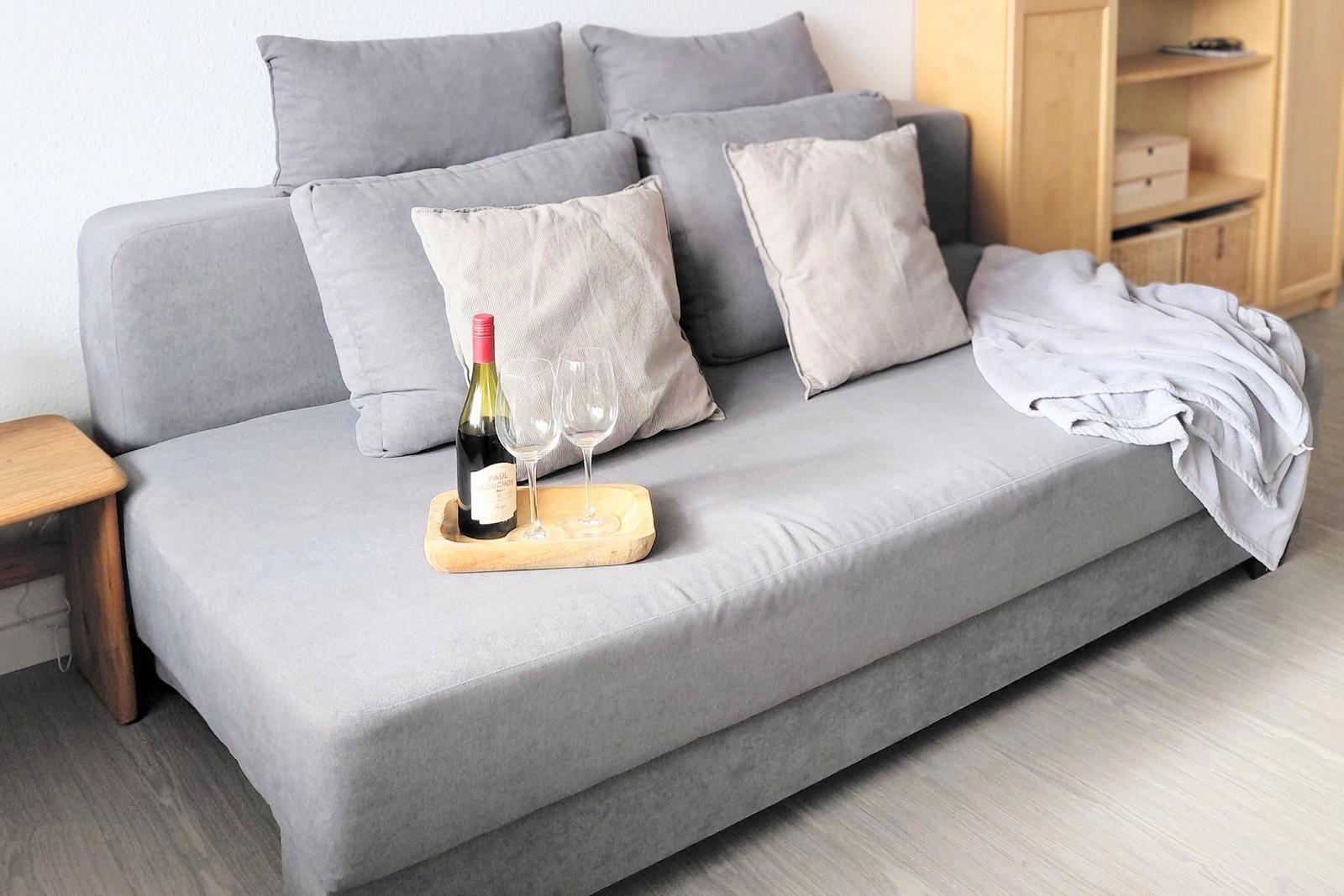 Ein grauer Sofa mit Kissen, einer Trage mit Wein und Gläsern sowie einer Decke.