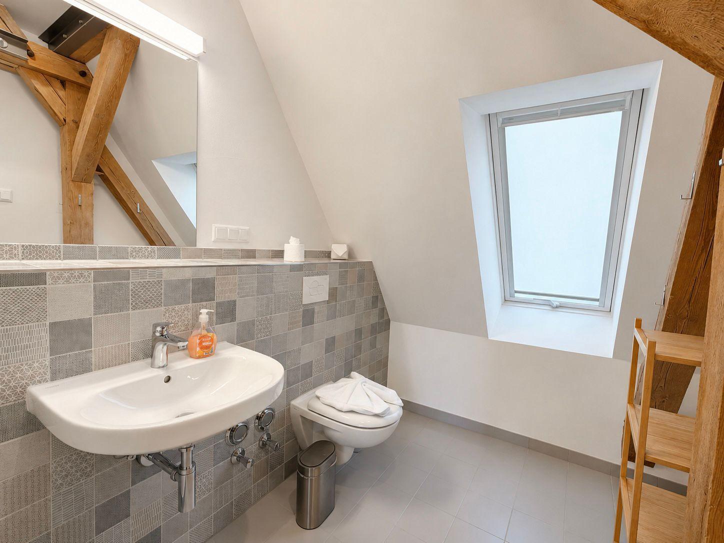 Badezimmer mit Waschbecken, Toilette und Dachfenster. Holzkonstruktion und Fliesenwand.