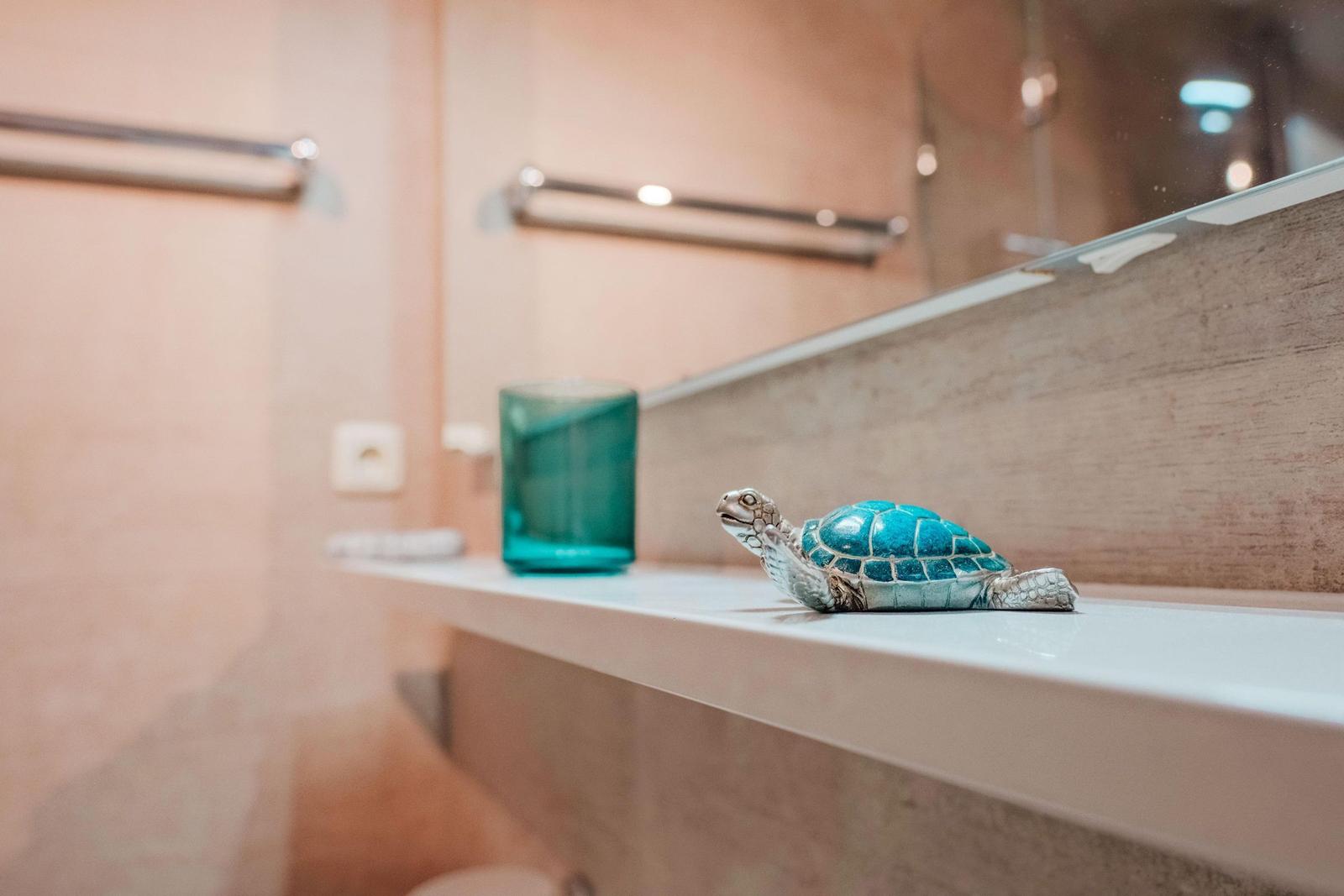 Badezimmer mit Schale und Schildkrötenfigur auf der Ablagefläche.