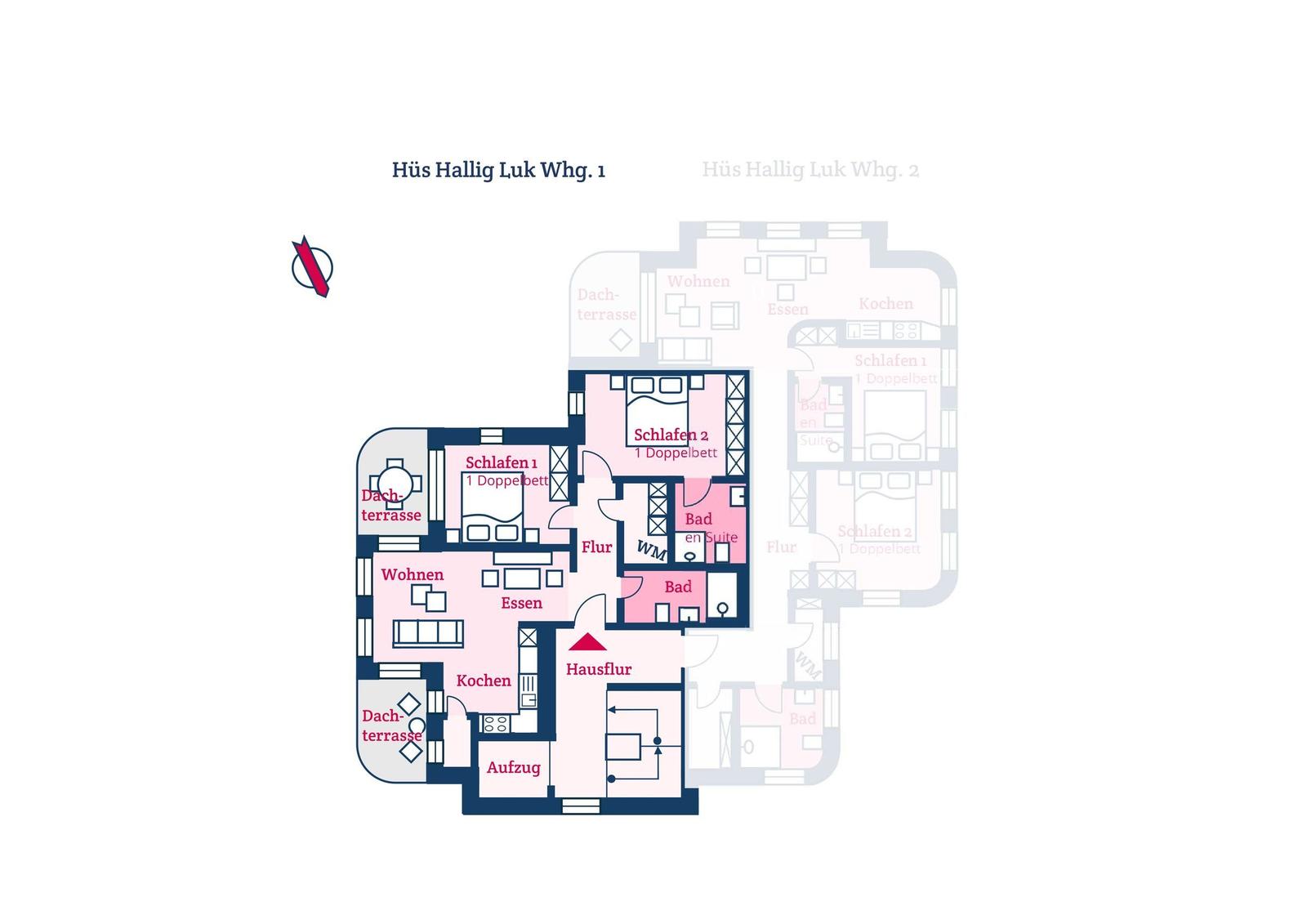 Plan der Wohnung mit zwei Schlafzimmern, Küche, Wohnbereich und Dachterrasse.