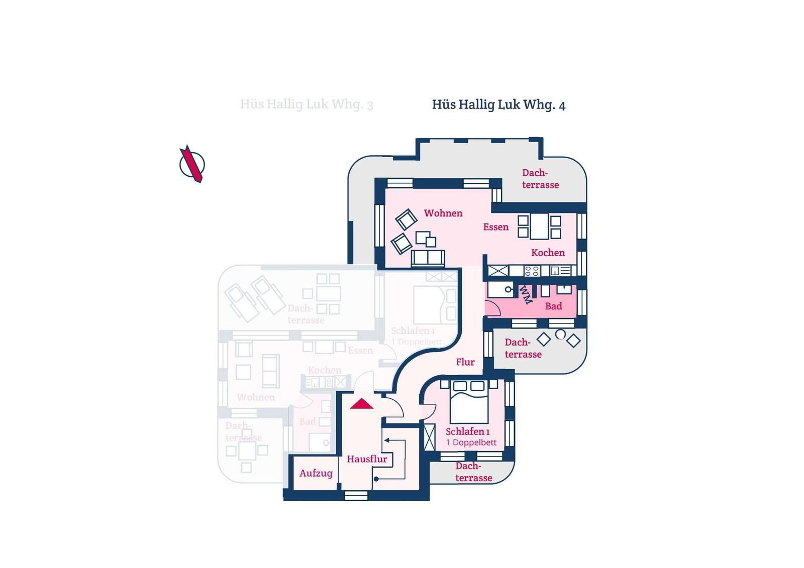 Wohnung mit Küche, Bad, Schlafzimmer und Dachterrasse.
