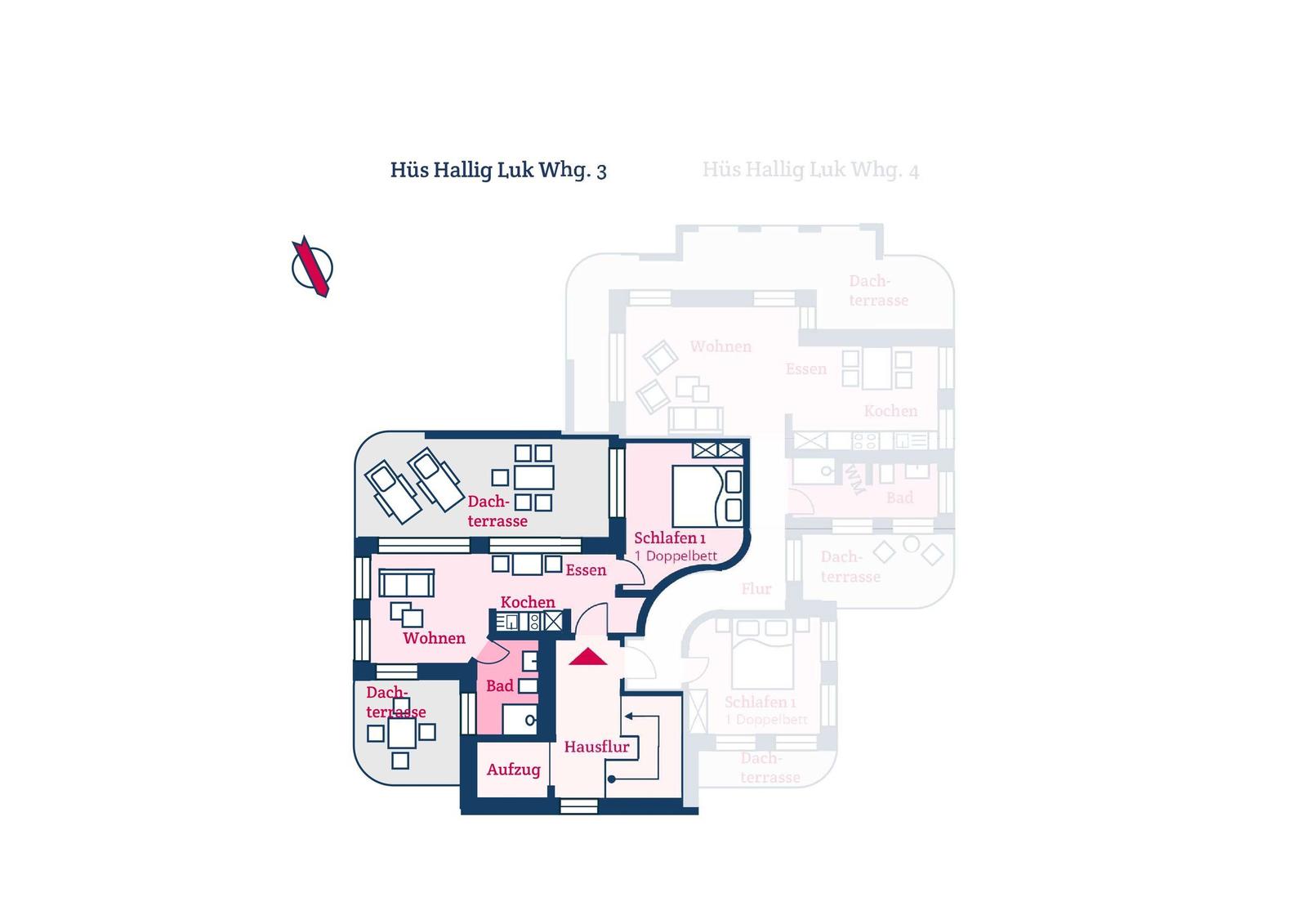 Plan zeigt Wohnung mit Wohnen, Kochen, Schlafzimmer und Dachterrasse.