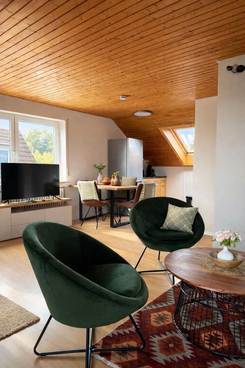 Wohnzimmer mit grünen Sesseln, Holzdecke und Essbereich im Hintergrund.