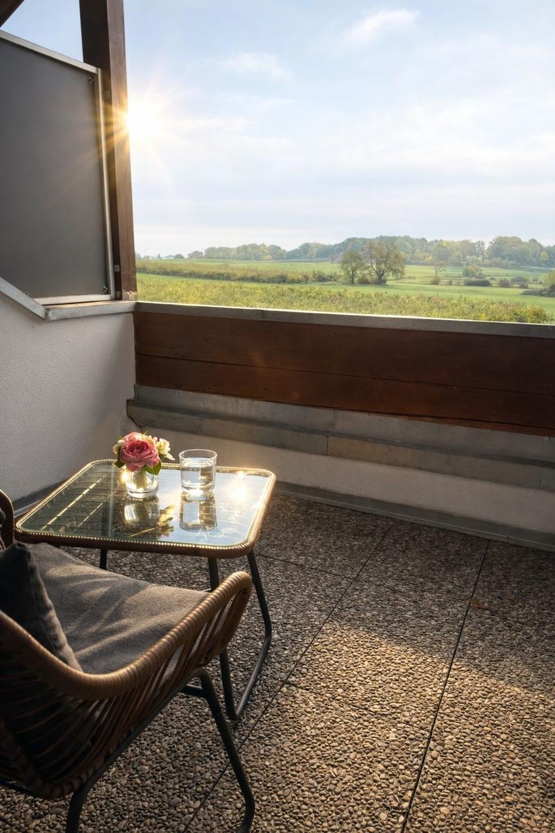 Terrasse mit Tisch, Stuhl und Blick auf Felder und Bäume.