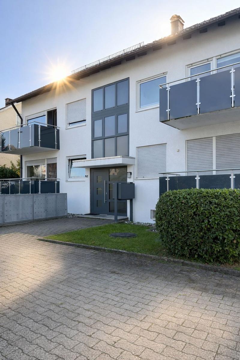 Modernes Haus mit Balkonen, Eingangstür und gepflasterter Vorfläche.