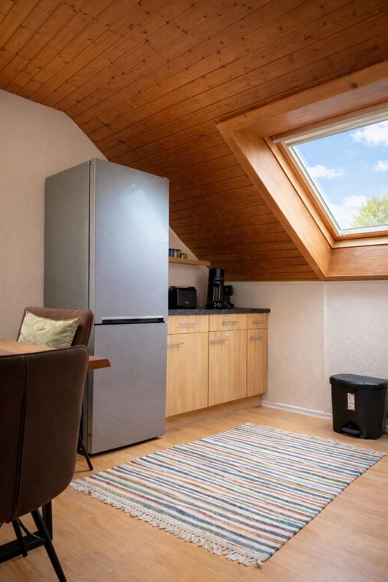 Küche mit Kühlschrank, Arbeitsplatte und Dachfenster.