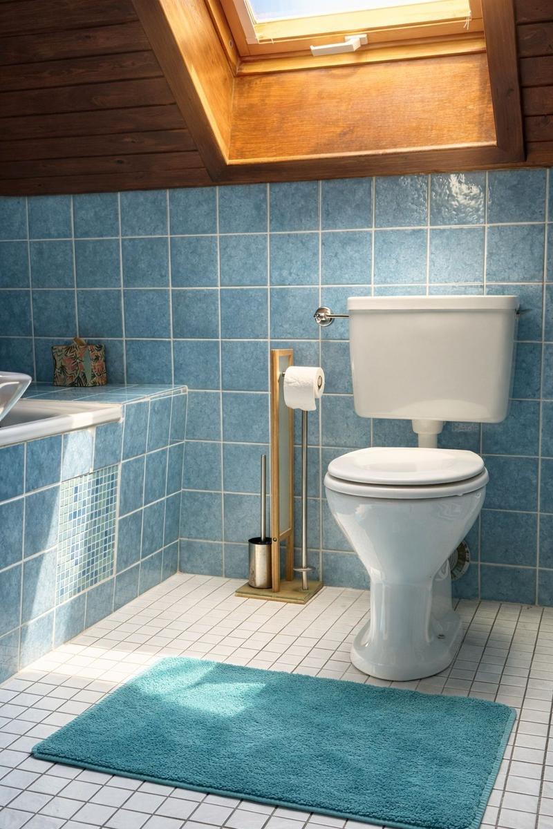 Badezimmer mit Toilette, blauen Fliesen und Dachfenster. Teppich und Toilettenbürste sind vorhanden.