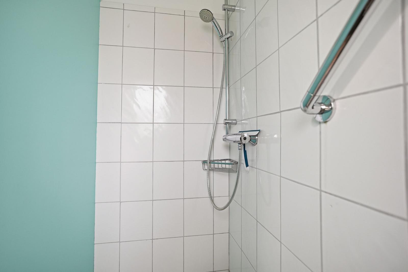 Shower with showerhead, handheld shower, and holder on white tiles.
