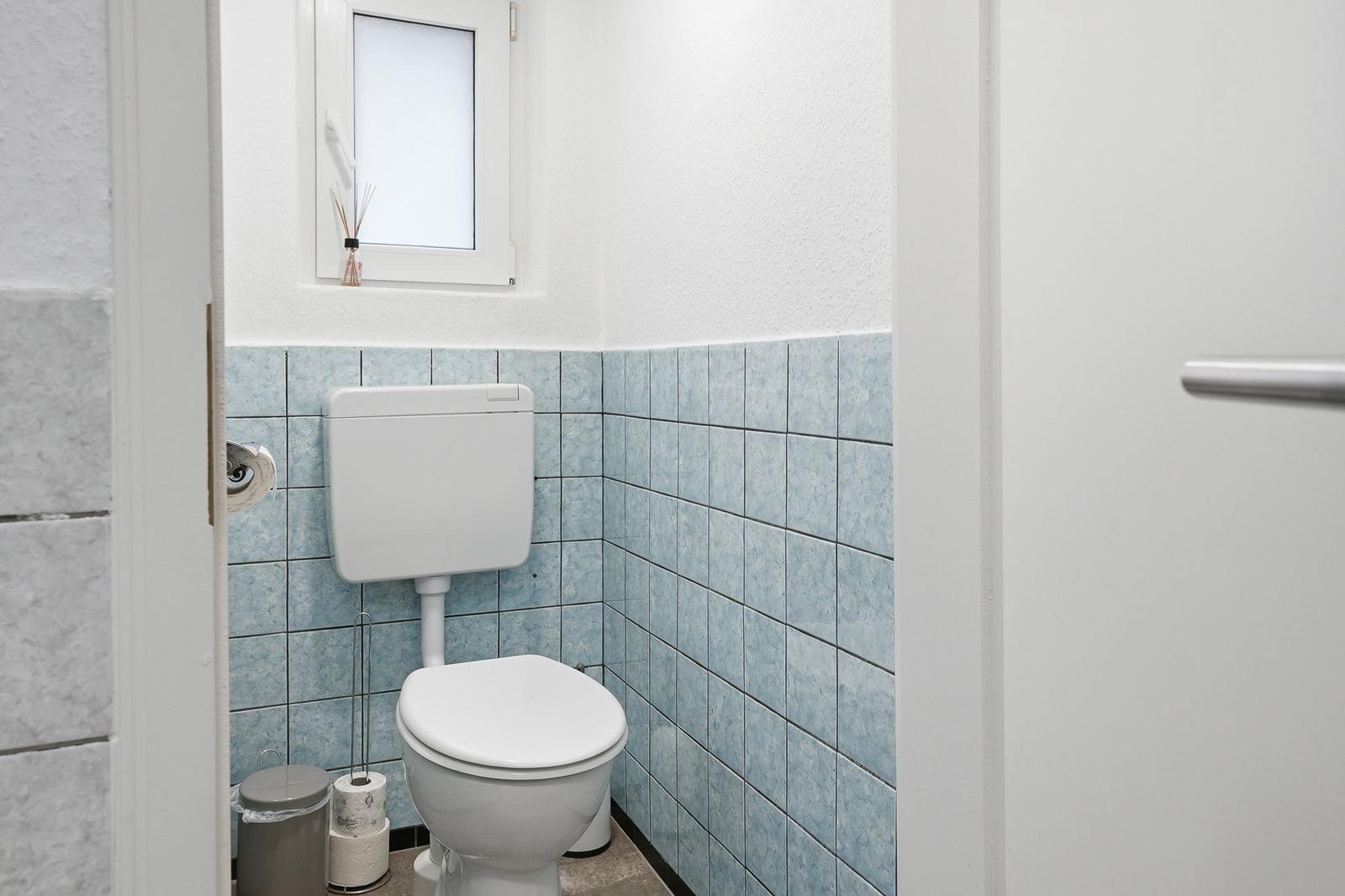 Toilet area with blue tiles and window