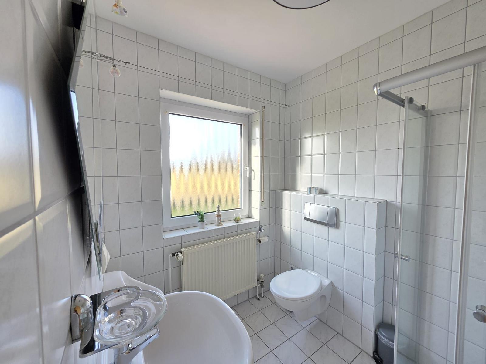 Badezimmer mit Dusche, Toilette und Waschbecken. Fenster mit getöntem Glas.