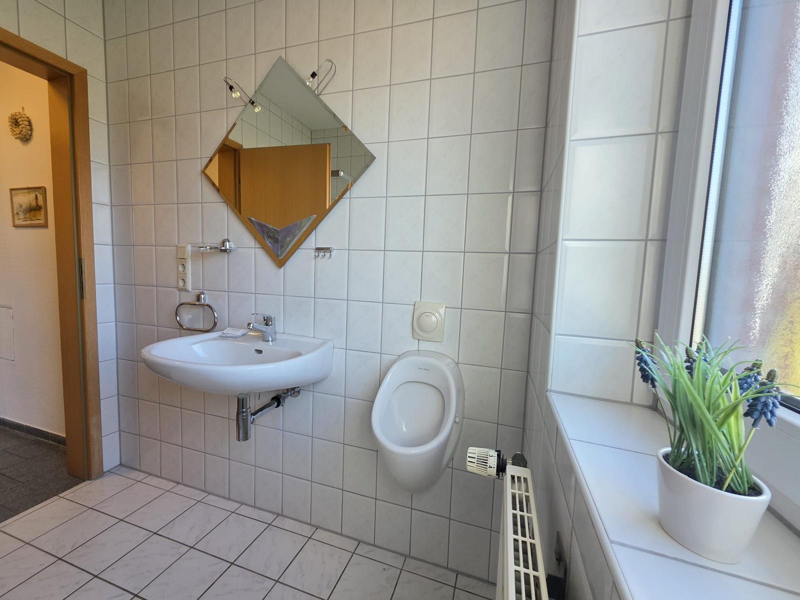 WC mit Waschbecken, Spiegel und Pflanze am Fenster.