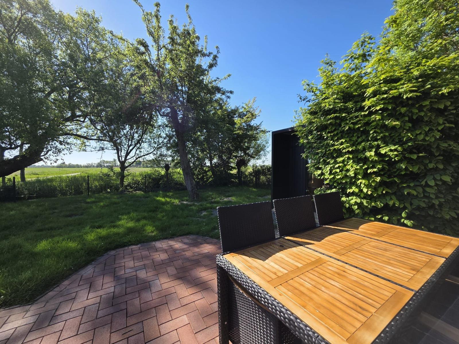 Terrasse mit Tisch und Stühlen, grüner Garten und Baumreihe im Hintergrund.