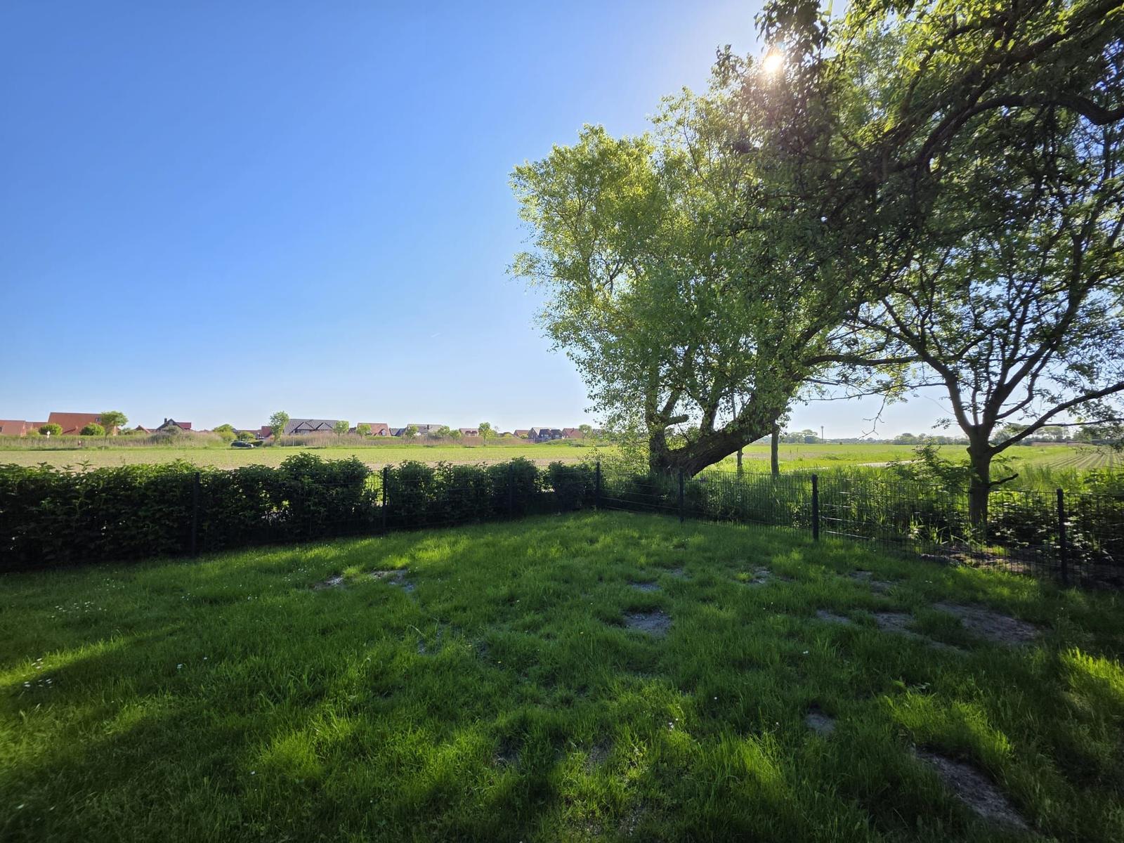 Grüner Rasenbereich mit Baum und Zaun, Blick auf Felder und Häuser im Hintergrund.