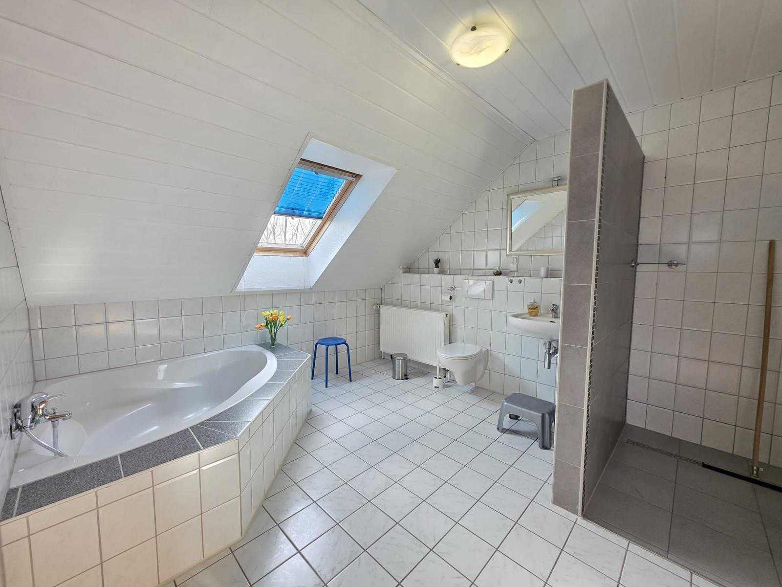 Badezimmer mit Badewanne, Dusche und Fenster