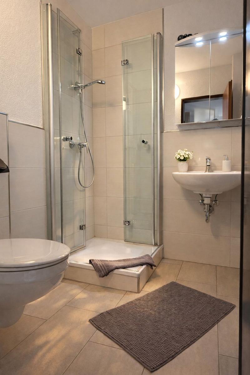 Badezimmer mit Dusche, Waschbecken und Toilette. Fliesenboden und brauner Teppich.