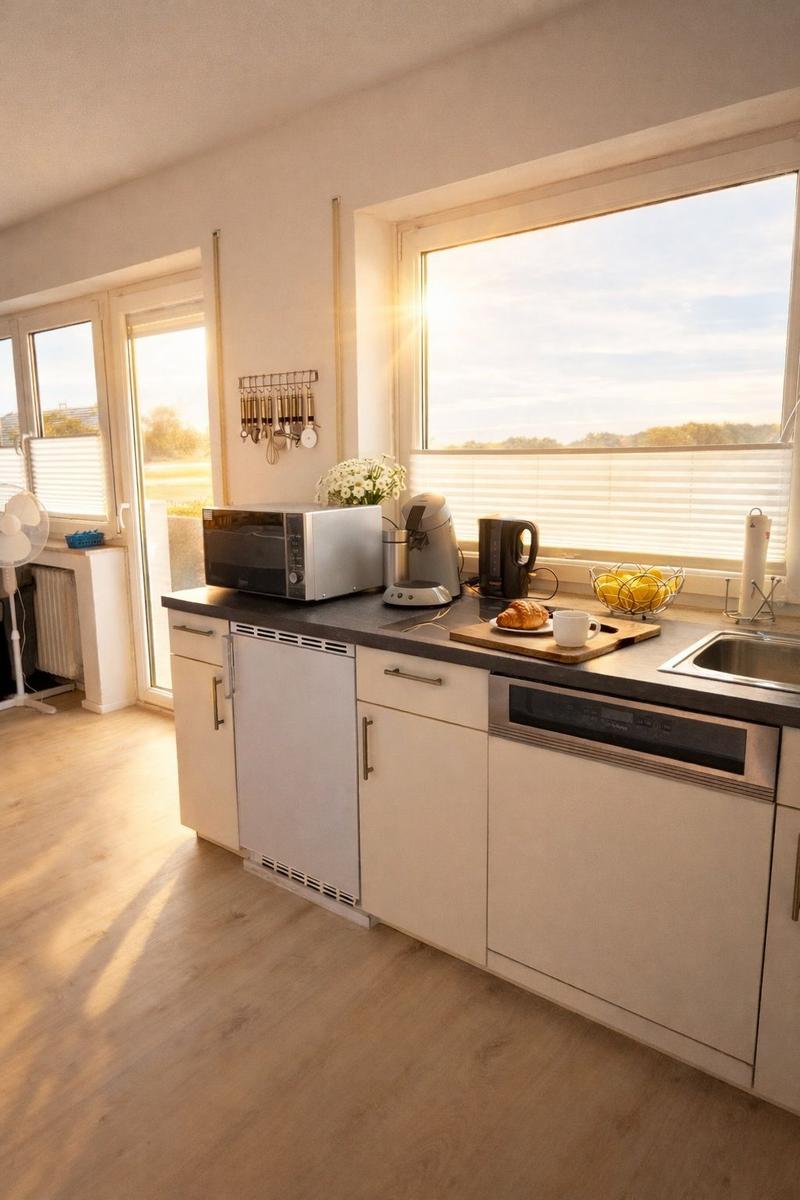 Küche mit Arbeitsplatte, Spüle, Mikrowelle und Kaffeemaschine. Fenster mit Blick auf Landschaft.