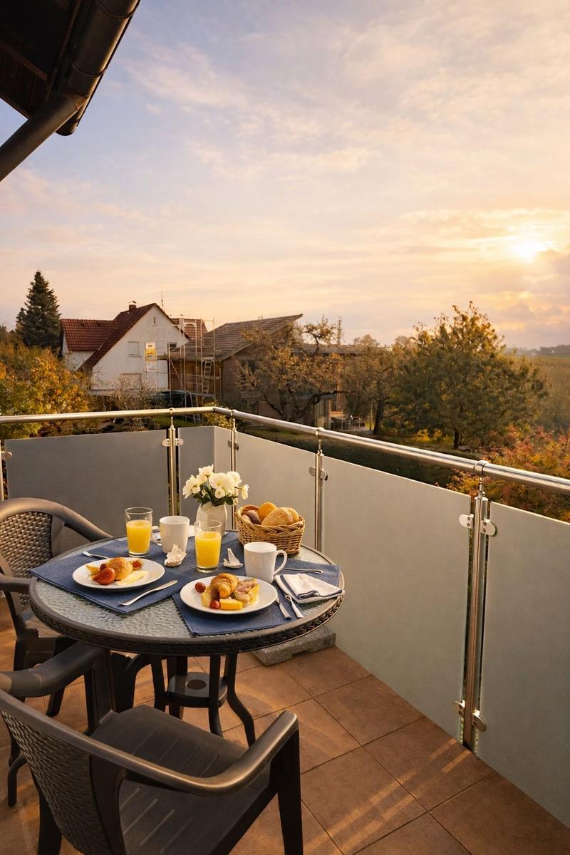 Terrasse mit Tisch, Stühlen und Frühstück. Blick auf Wald und Häuser bei Sonnenuntergang.