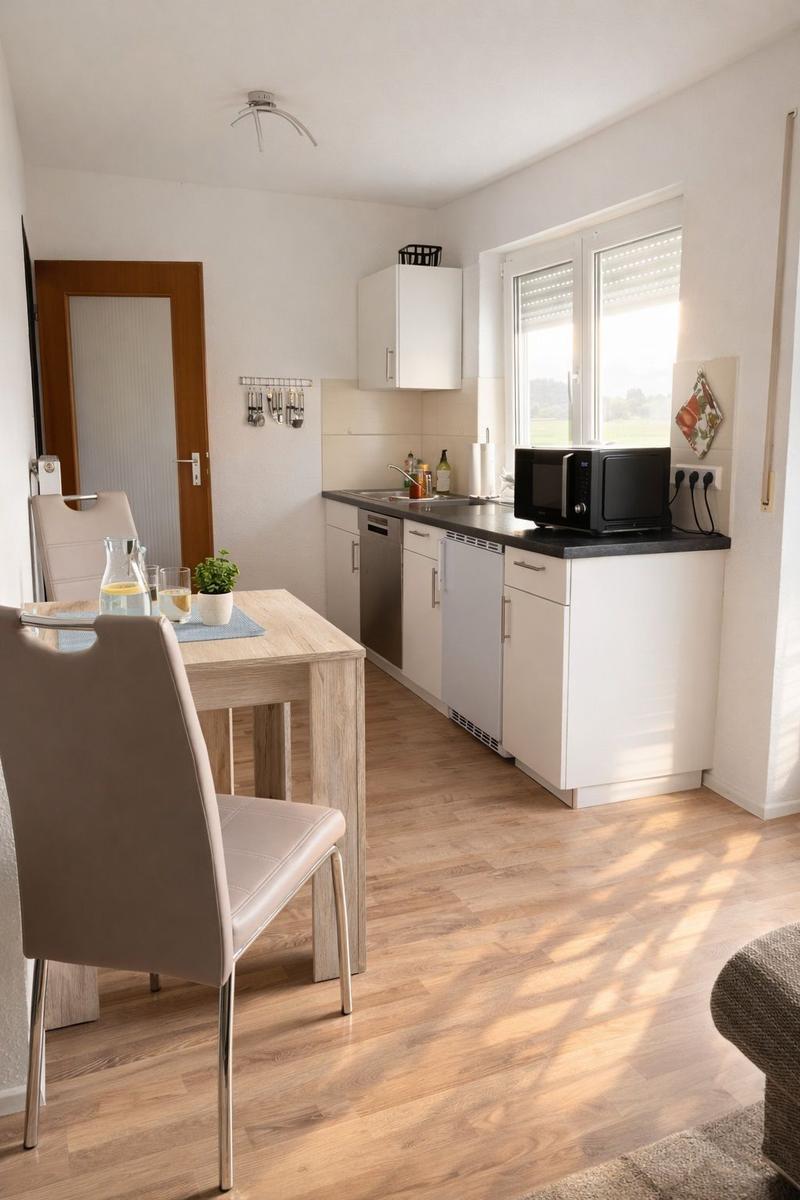 Küche mit Esstisch, Mikrowelle und Fenster. Holzfußboden und weiße Schränke.