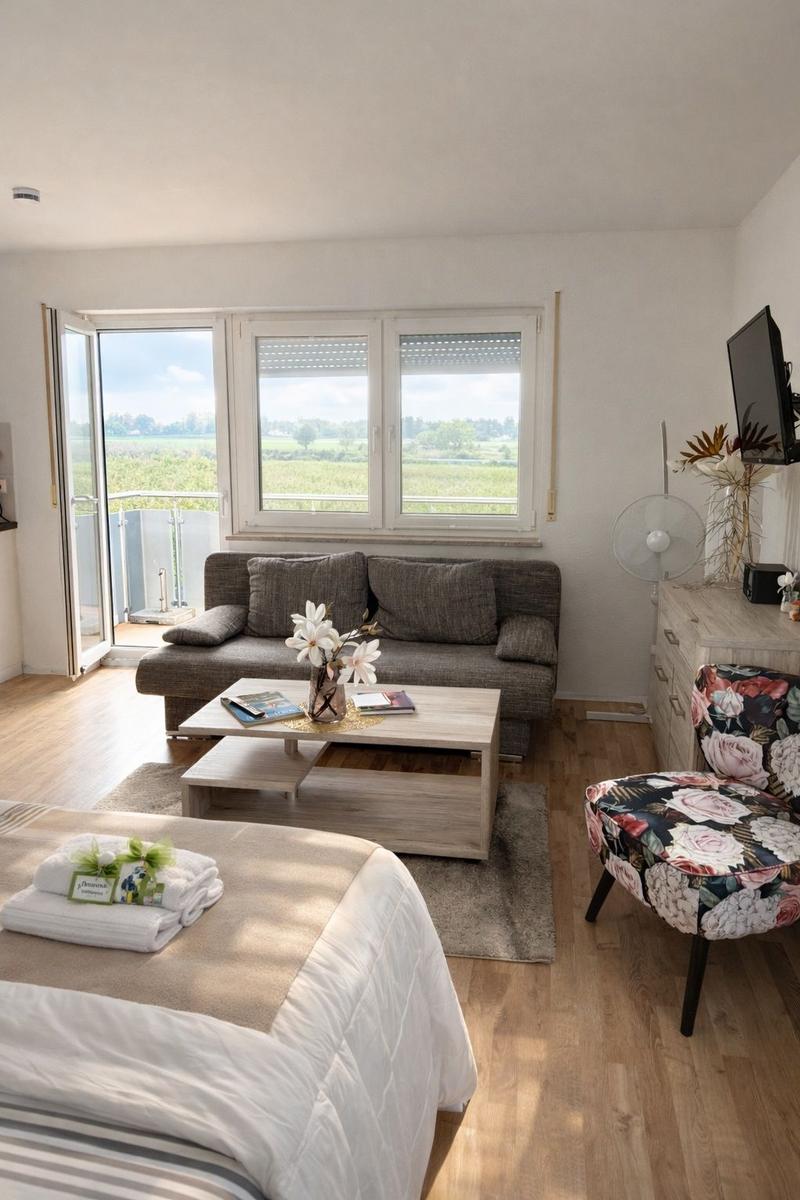 Ein Schlafzimmer mit Sofa, Tisch und Stuhl. Durchgehendes Fenster mit Blick auf Felder.