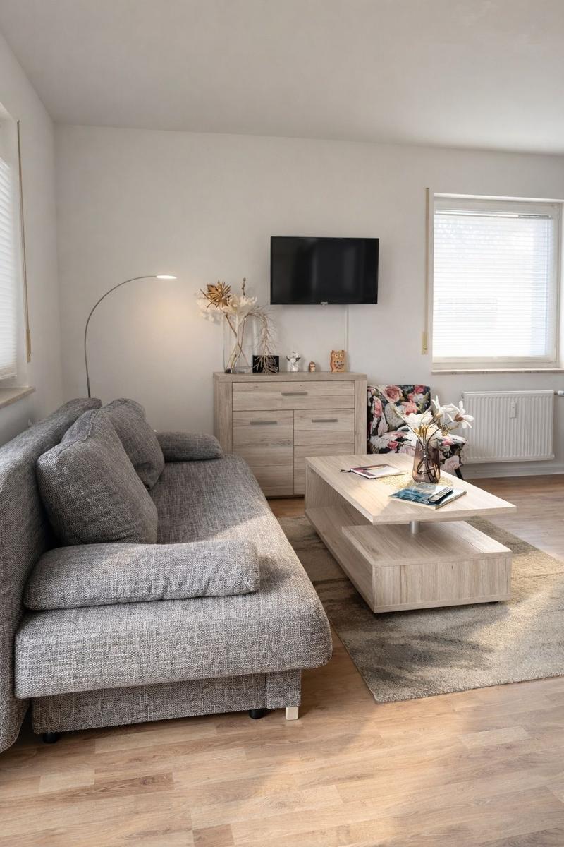 Wohnzimmer mit Sofa, Couchtisch und Fernseher an der Wand.