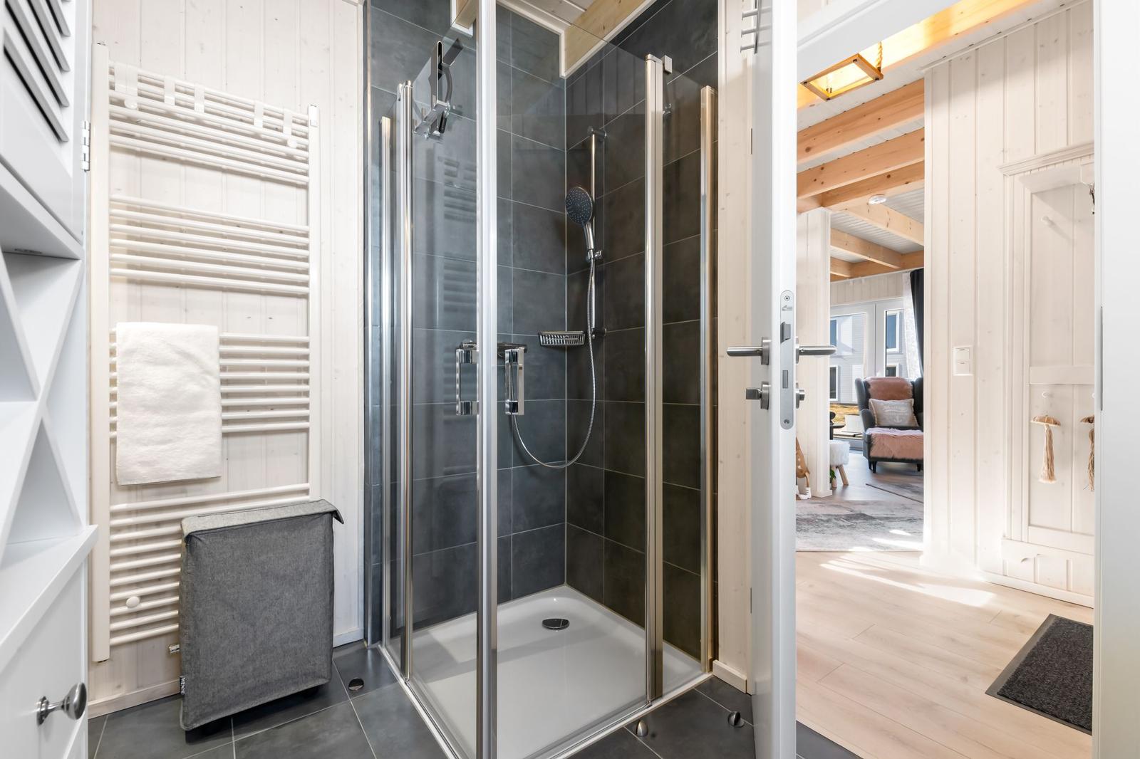 Dusche mit Glaswand, Handdusche und Heizkörper an der Wand