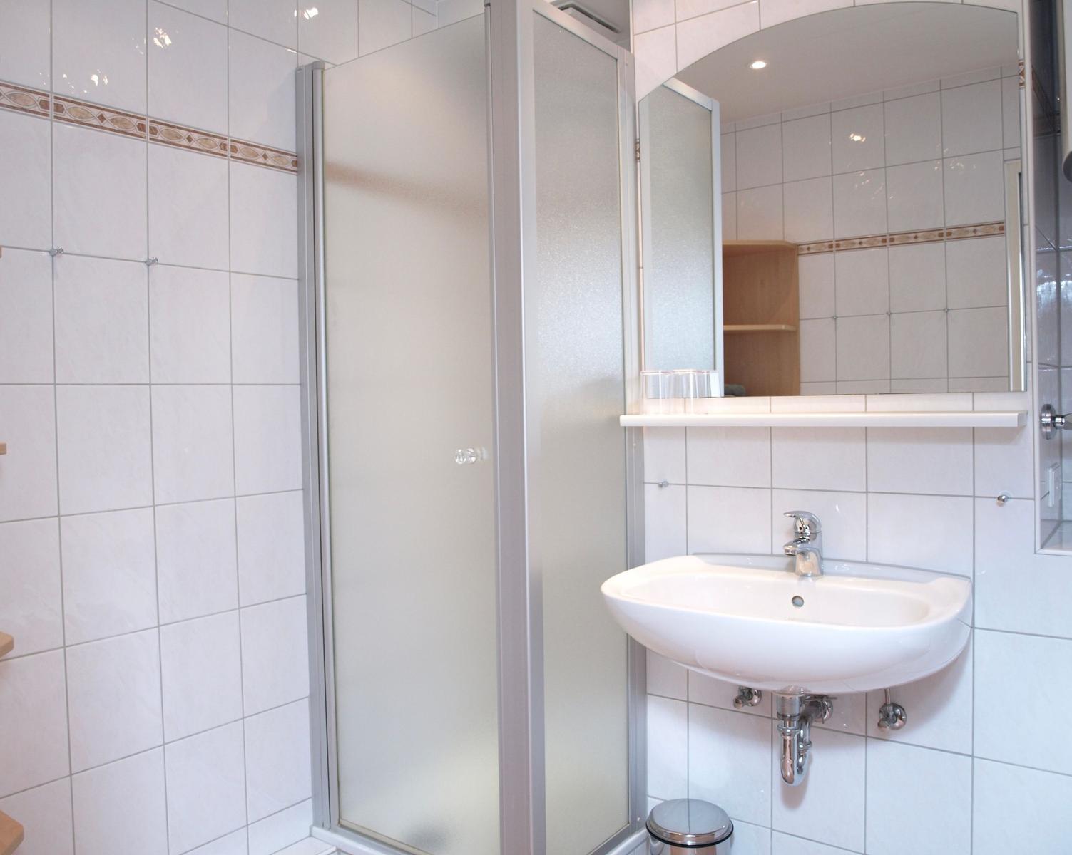 Badezimmer mit Duschkabine, Waschbecken und Spiegel