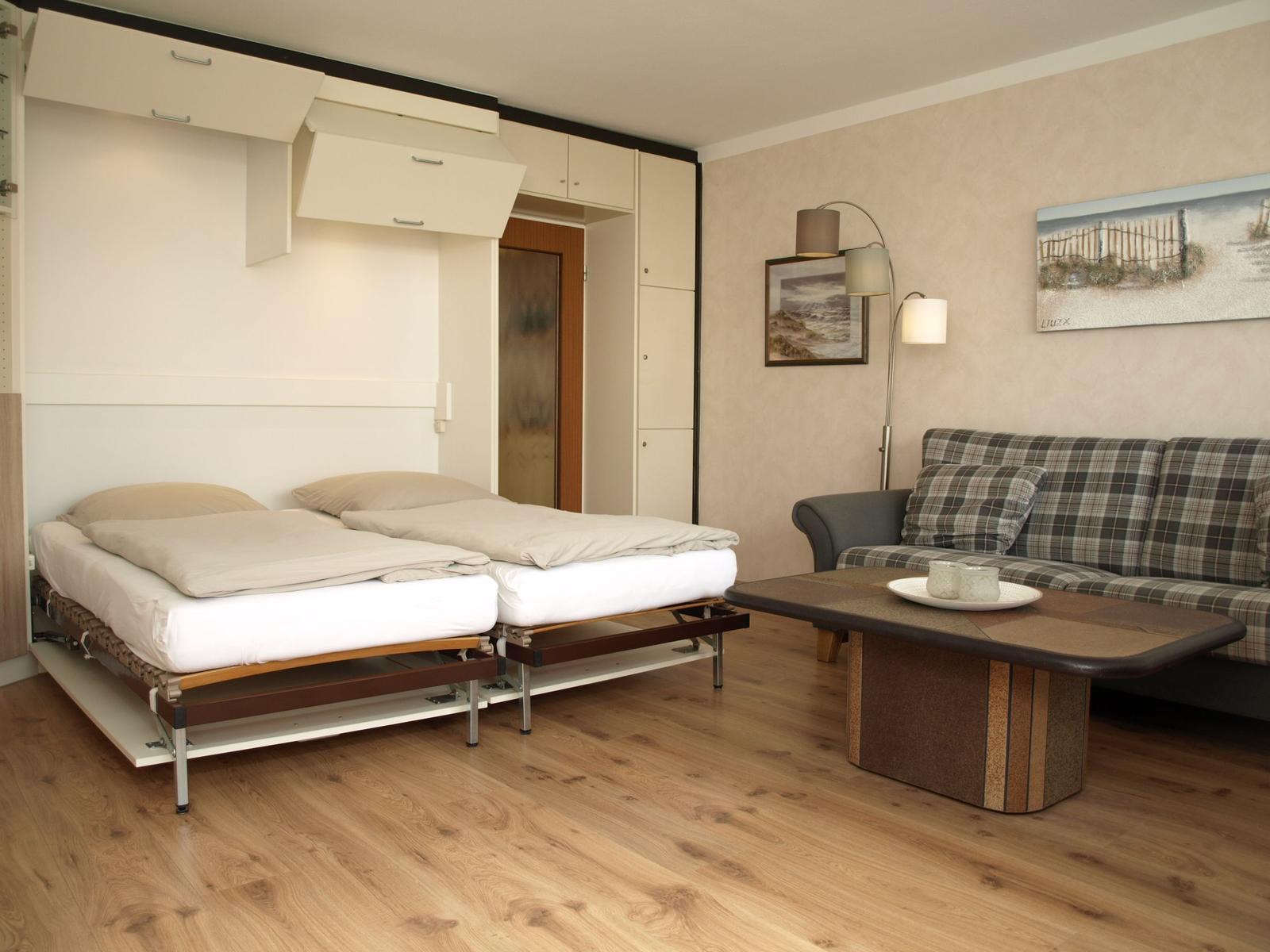 Zimmer mit Schlafcouch, Wohnbereich und Holzboden.