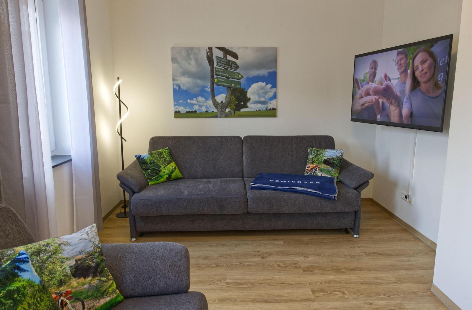 Ein Wohnzimmer mit grauem Sofa, Fernseher und Wandbild.