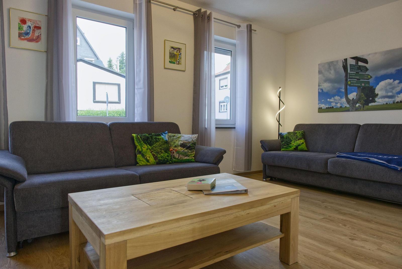 Zwei graue Sofas, Holztisch, Fenster mit Vorhängen, Wandbilder