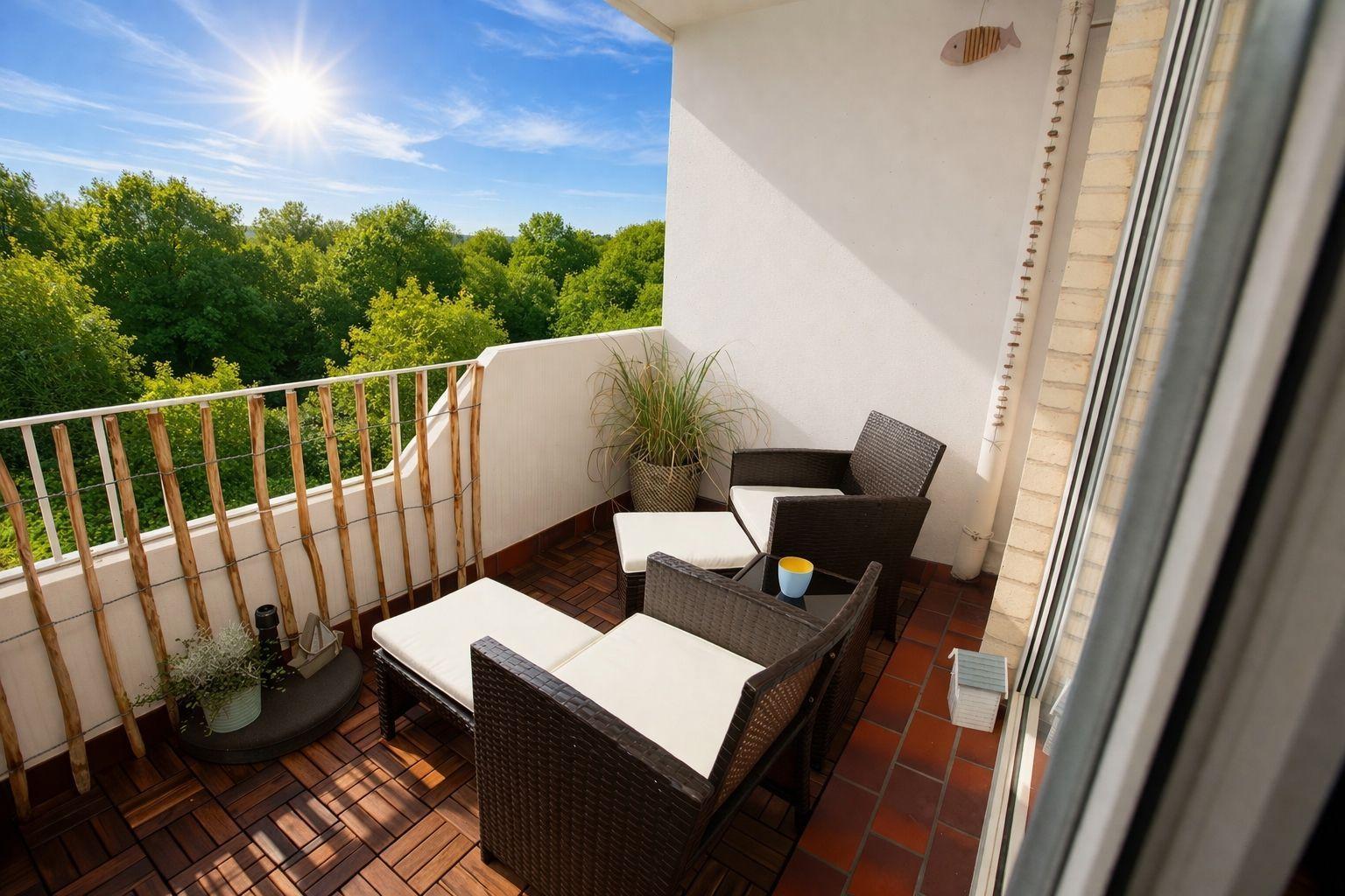 Terrasse mit Sitzgruppe und Blick auf grüne Bäume unter blauem Himmel.