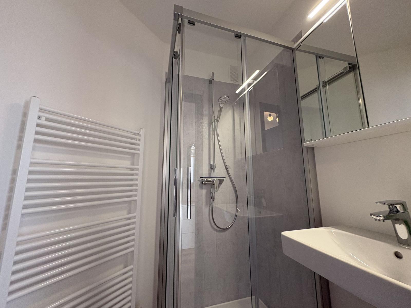 Duschbereich mit Glaswand, Waschbecken und Heizkörper an der Wand.