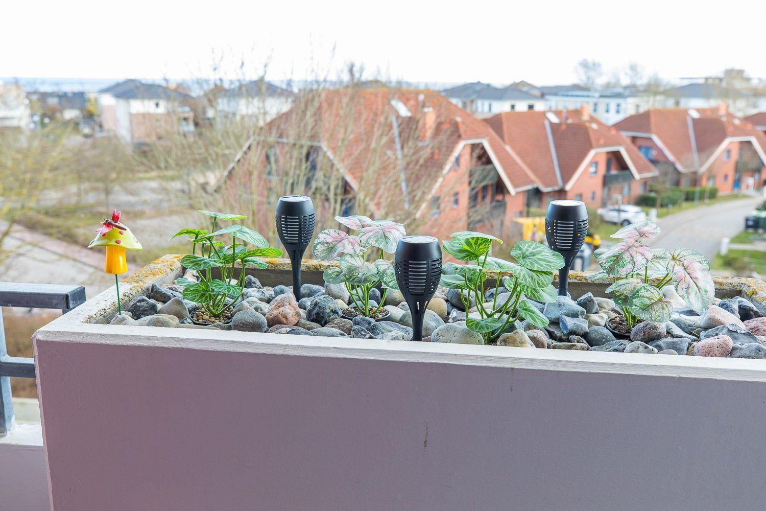 Balcony planter with plants, stones, and solar lights. Background shows residential houses.