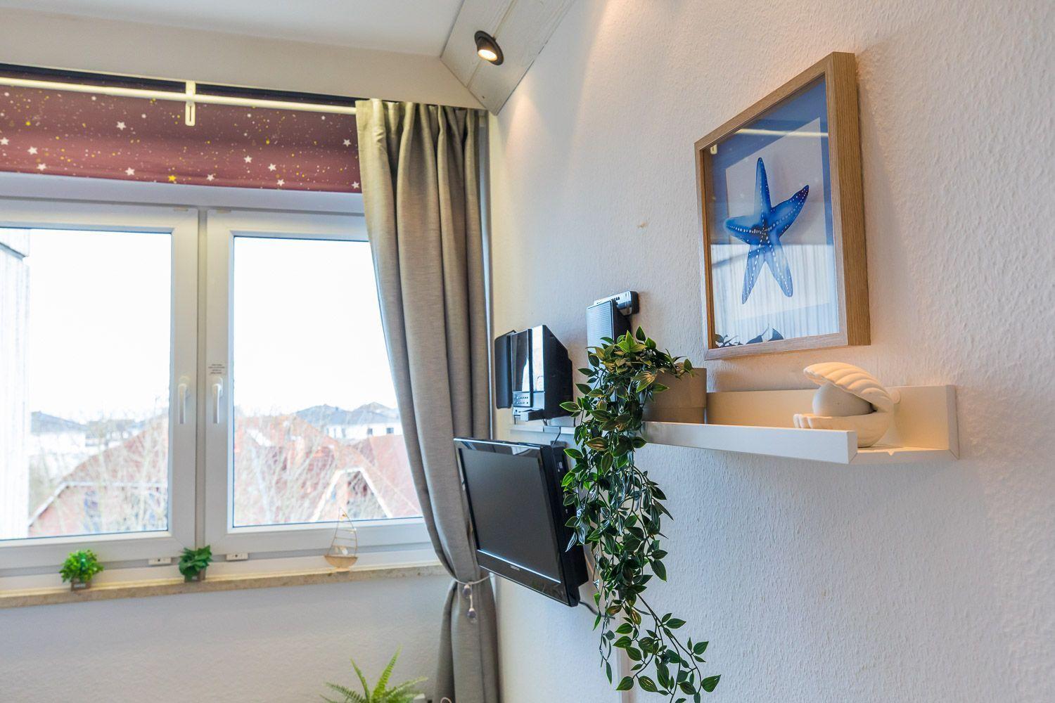 Ein Fenster mit Vorhang, Wandregal mit Dekoration und Wandbild mit Seestern.