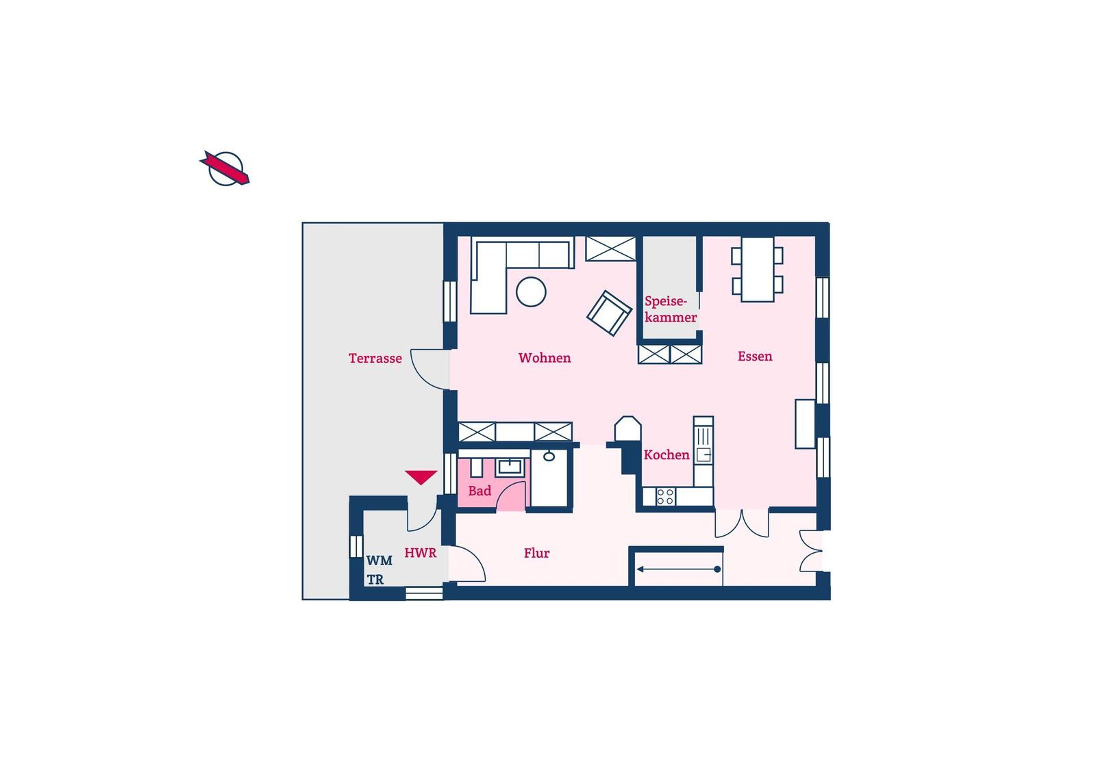Wohnung mit Küche, Esszimmer, Wohnbereich, Bad und Terrasse.