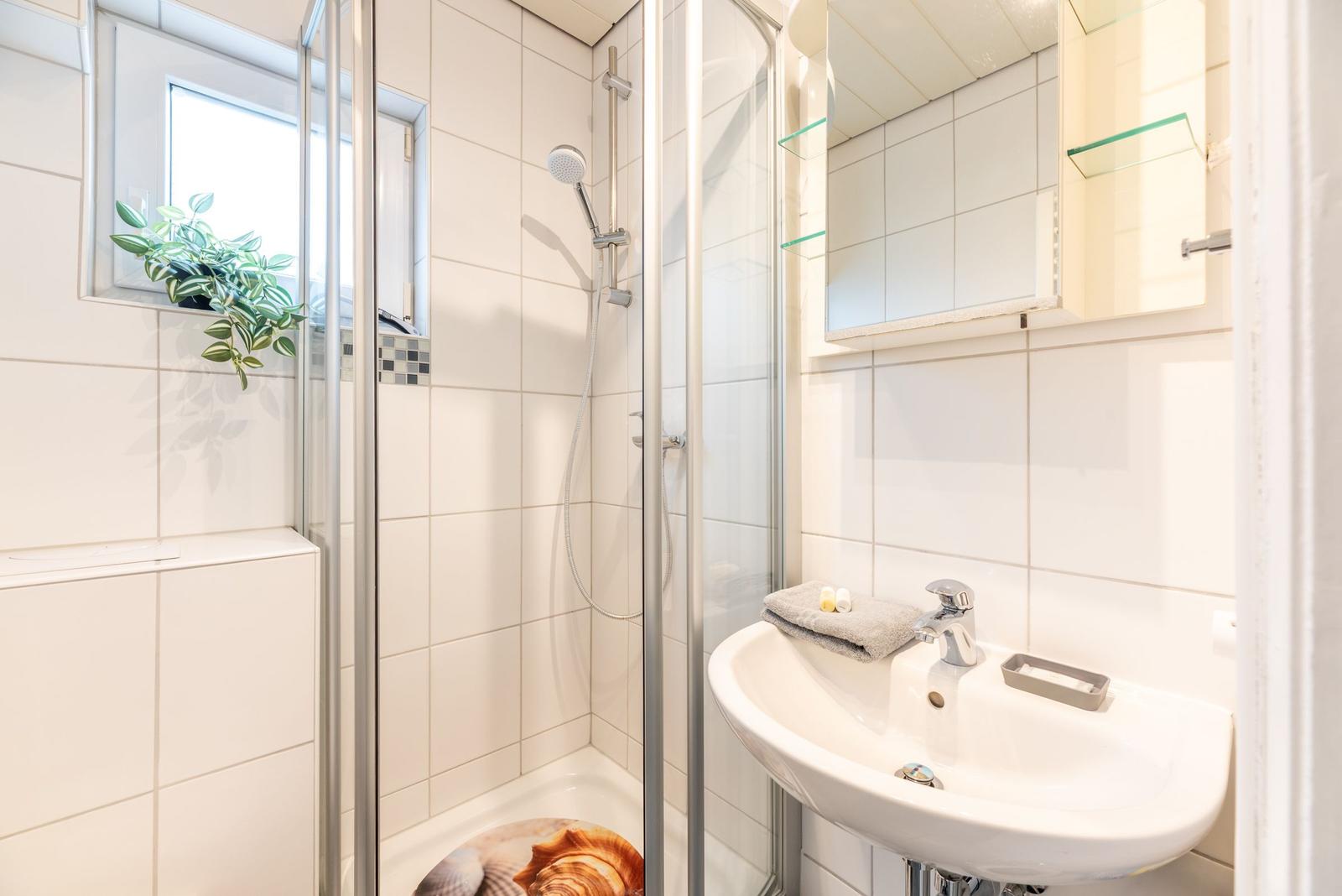 Badezimmer mit Dusche, Waschbecken und Spiegel. Fenster mit Pflanze.