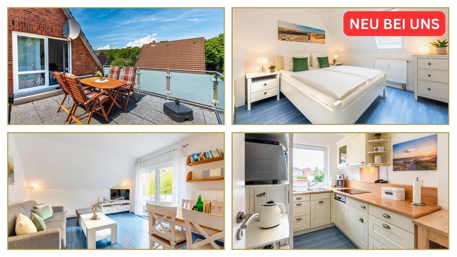 Ferienwohnung mit Balkon, Schlafzimmer, Wohnzimmer und Küche.