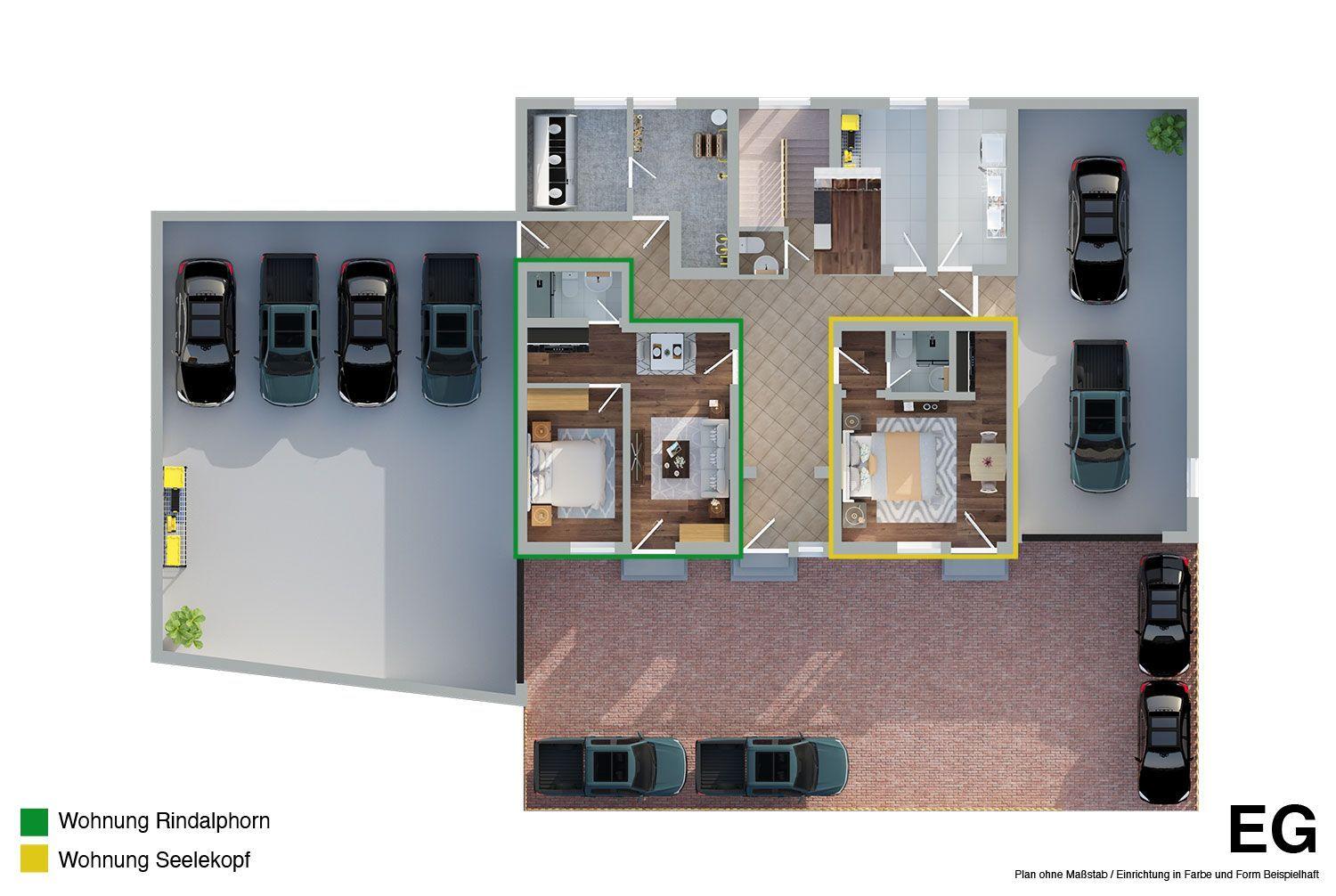 Floor plan shows two apartments with parking spaces and kitchen areas.