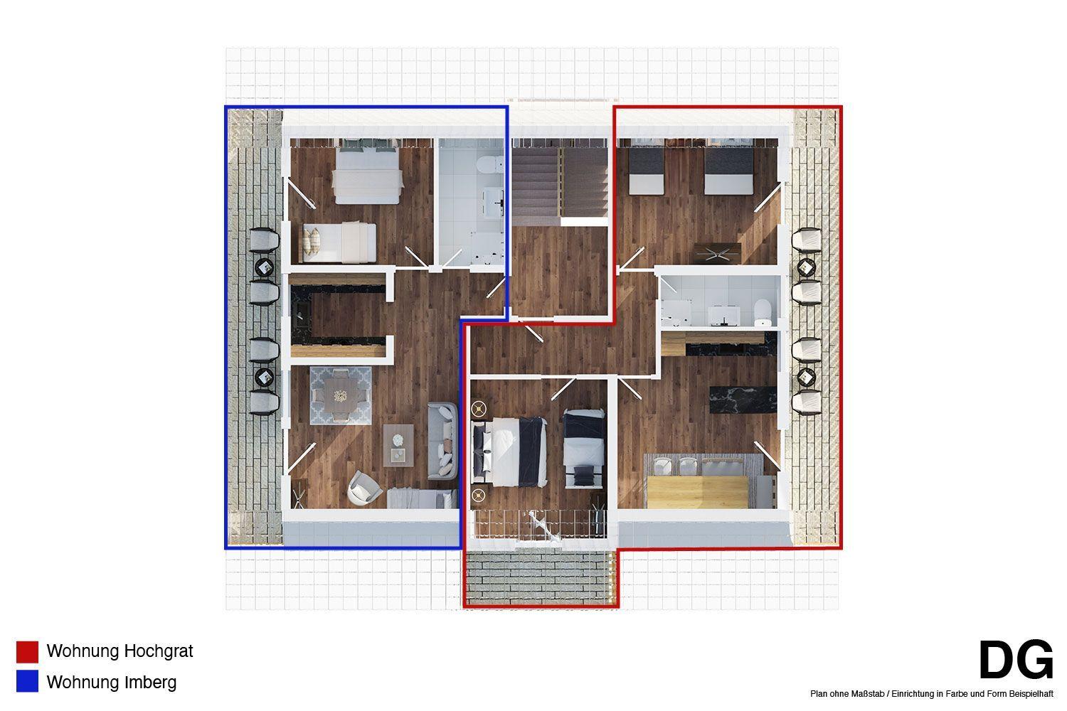 Two apartments with balcony and bedrooms. Plan without scale.