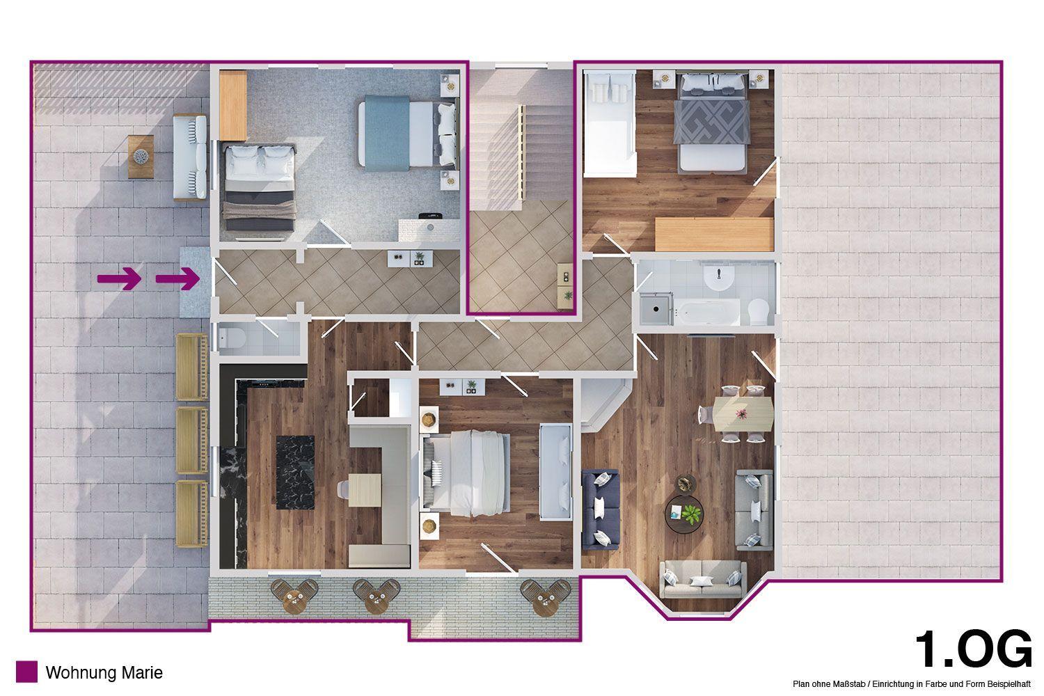 Apartment Marie with kitchen, dining area, bedrooms, and bathroom on 1st floor