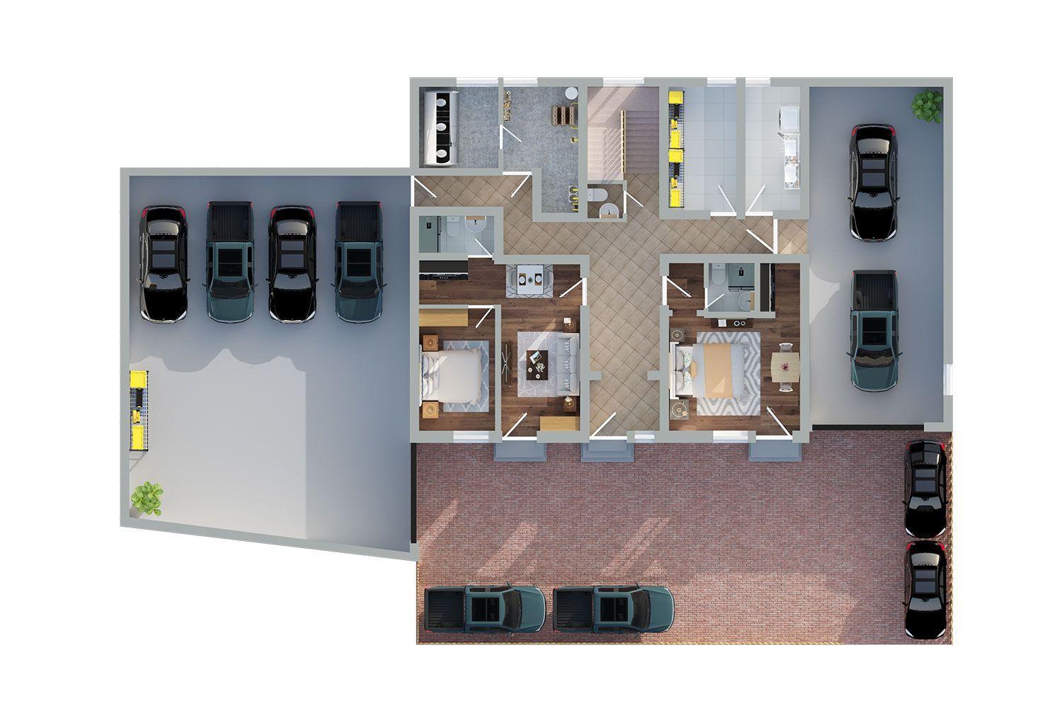 Übersicht über das Haus mit mehreren Schlafzimmern, Küche und Parkplätzen.