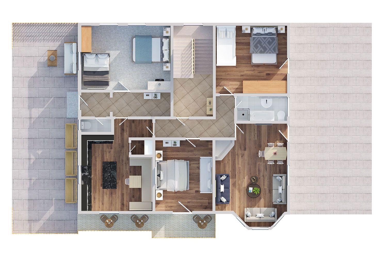Dieses Ferienhaus bietet mehrere Schlafzimmer, eine Küche und ein Wohnzimmer mit Terrasse.