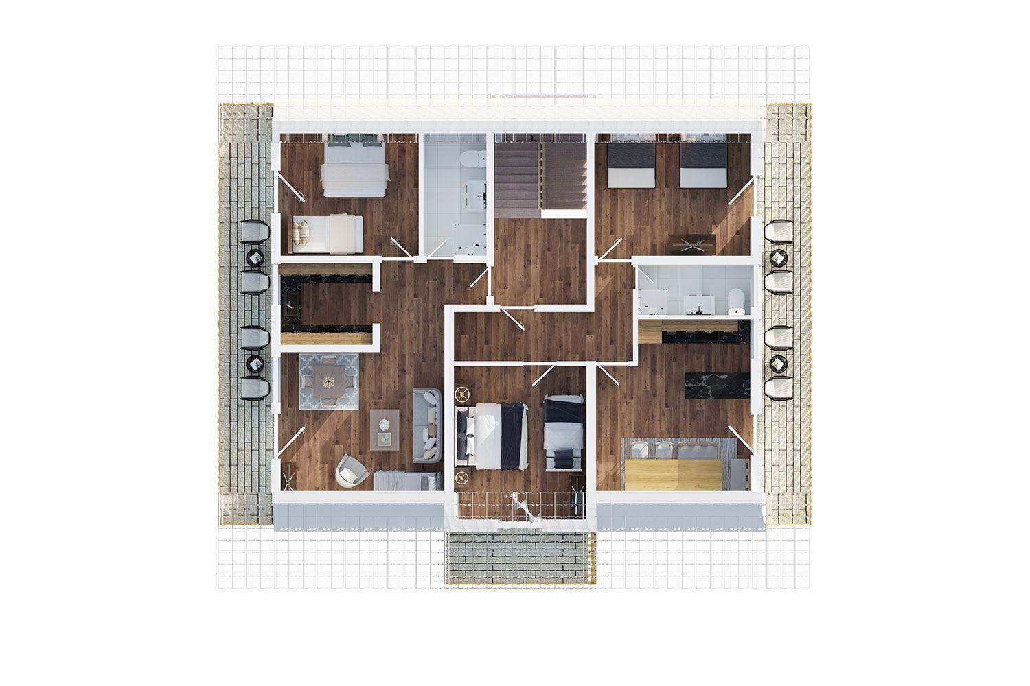 Übersicht über die Wohnung mit mehreren Schlafzimmern, Wohnbereich und Küche.