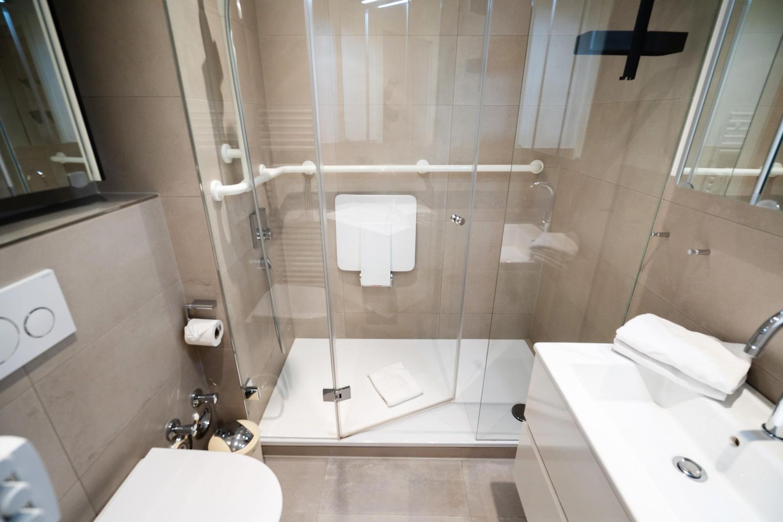 Dusche mit Handlauf, Toilette und Waschbecken im Badezimmer