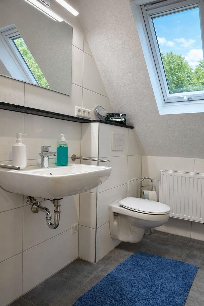 Badezimmer mit Waschbecken, Toilette und Dachfenster. Blauer Teppich auf grauem Boden.