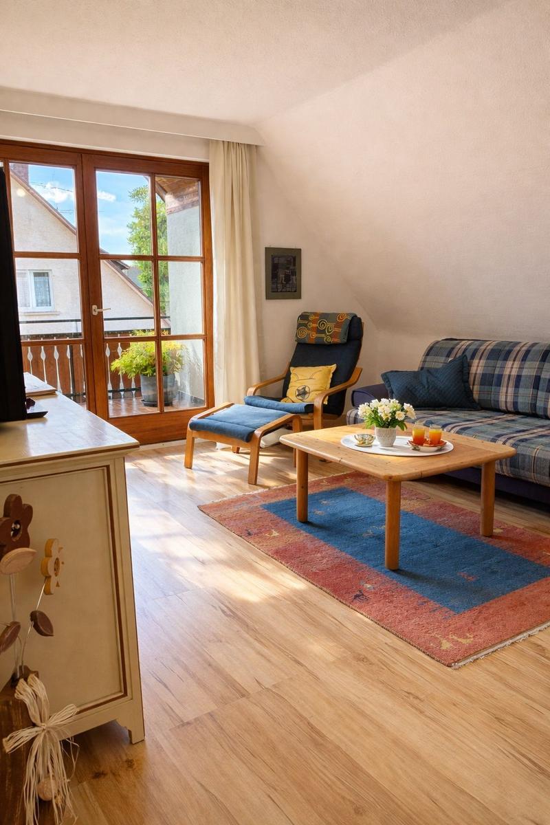 Wohnzimmer mit Sofa, Sessel, Tisch und Balkon. Holzboden und Teppich.