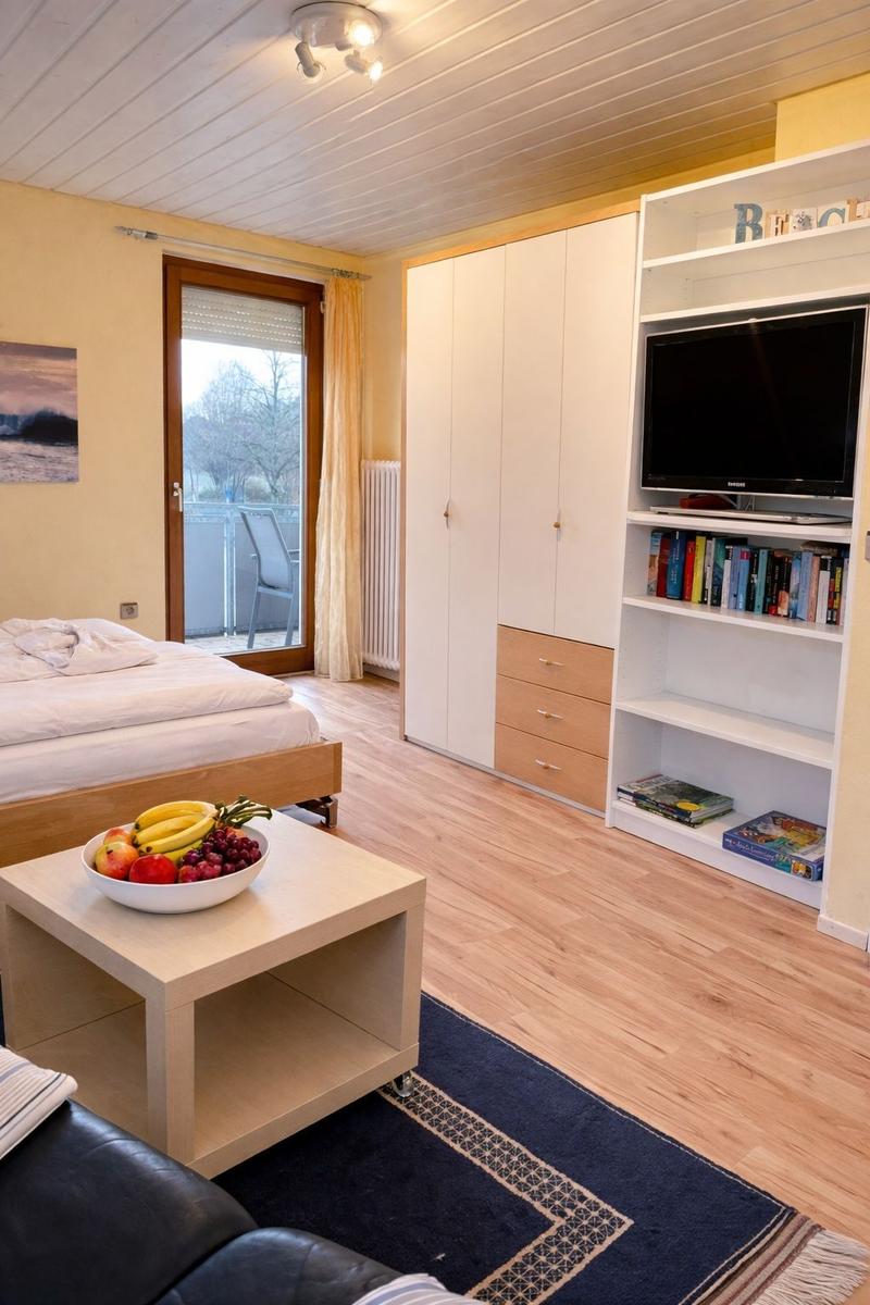 Schlafzimmer mit Bett, Schrank, TV und Terrasse