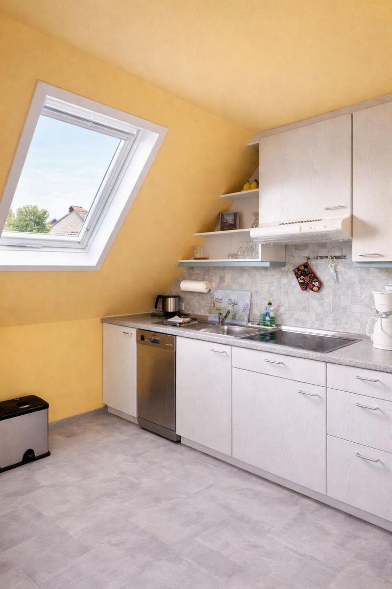 Küche mit Waschbecken, Spüle, Dunstabzug und Dachfenster.